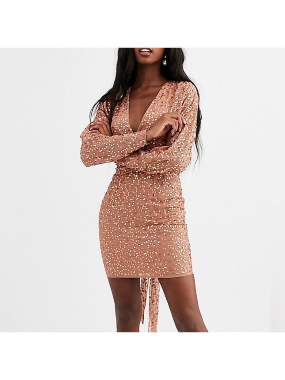 ASOS nwt nude sequin Vneck wrap style long sleeve cocktail dress size 6